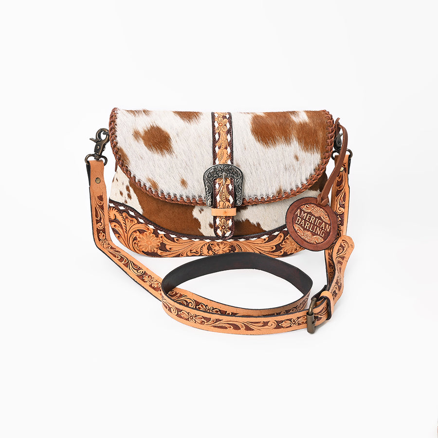 American Darling Small Cross Body Bag Hand Tooled Floral Carved Hair-On Cowhide Genuine Leather Western Purse