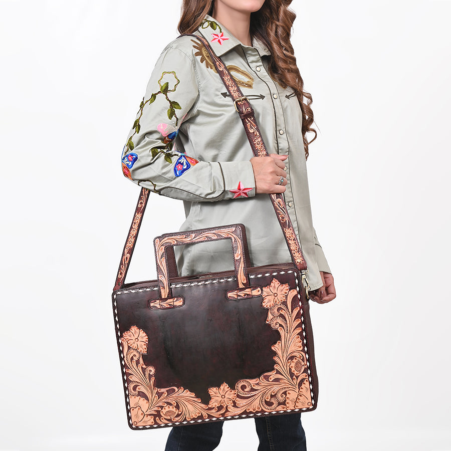 American Darling Hand Tooled Leather Briefcase Work Tote Laptop Satchel