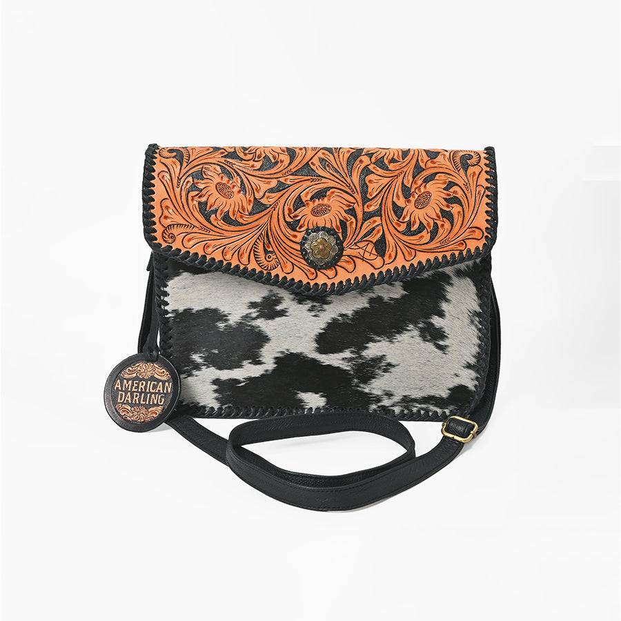 American Darling Women's Genuine Leather Hair-On Cowhide Tooled Leather Flap Crossbody Shoulder Bag