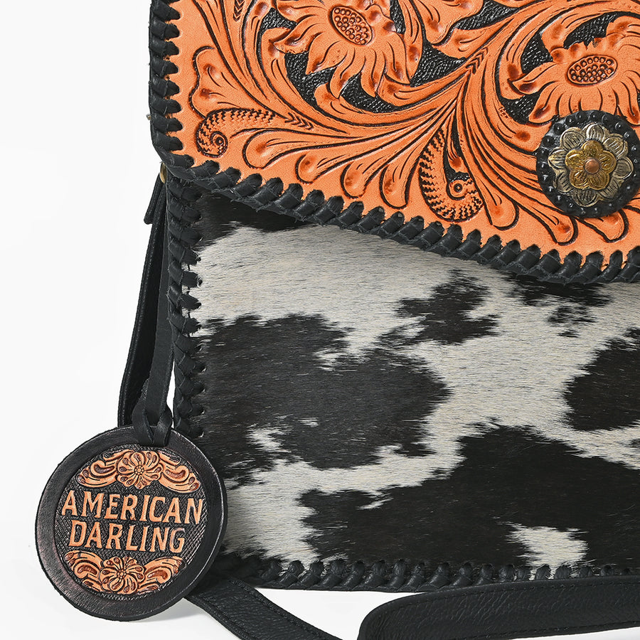 American Darling Women's Genuine Leather Hair-On Cowhide Tooled Leather Flap Crossbody Shoulder Bag