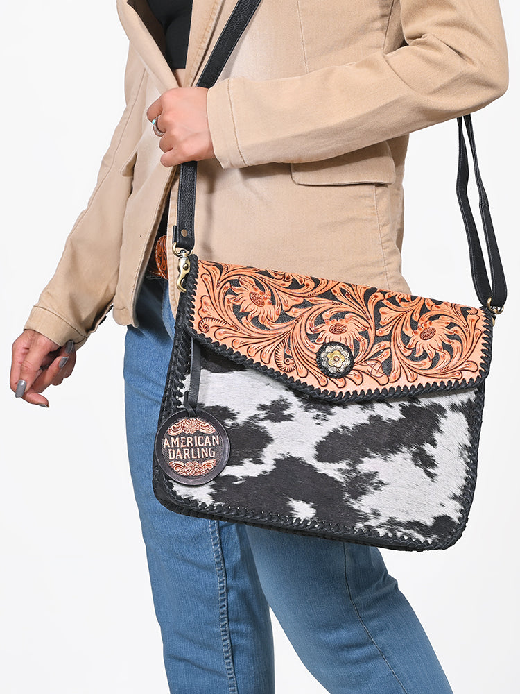 American Darling Women's Genuine Leather Hair-On Cowhide Tooled Leather Flap Crossbody Shoulder Bag