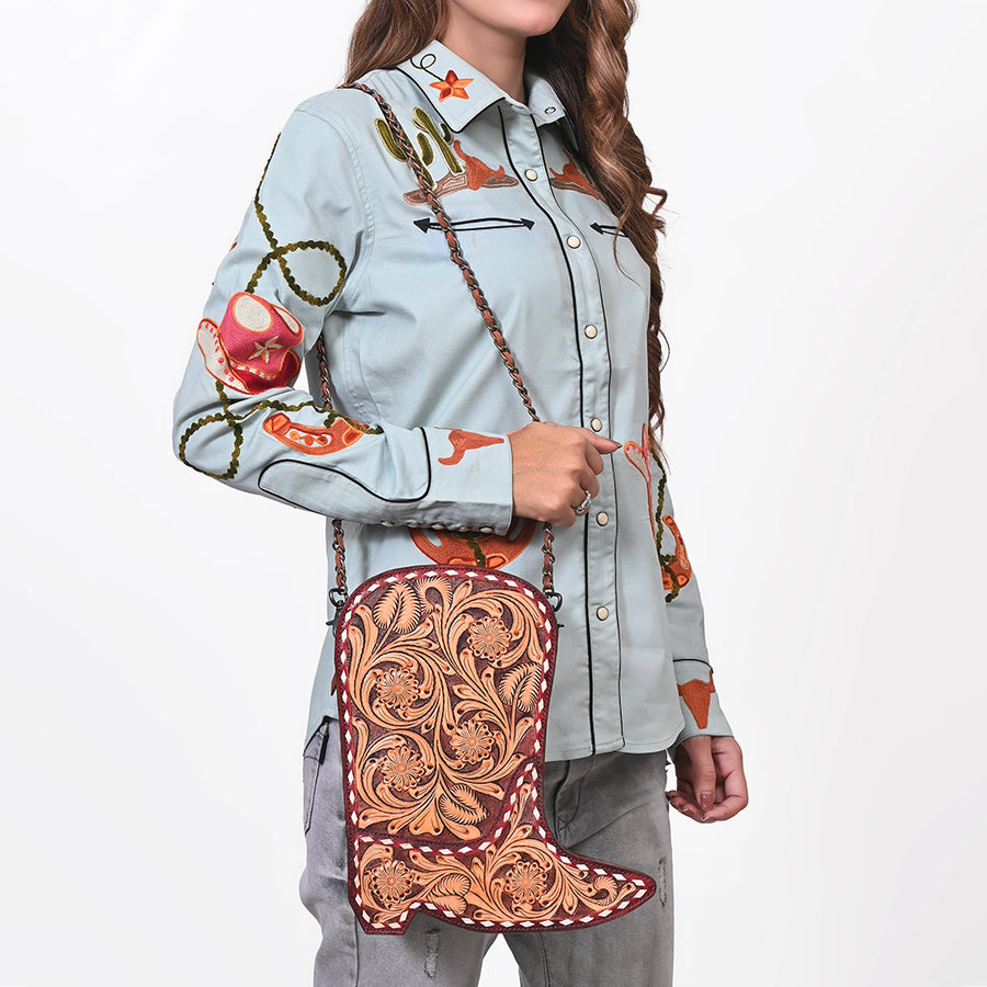 American Darling Cross body Bag Western Hand-Tooled Floral Shoe Shape Genuine Leather Purse with Buck Stitching