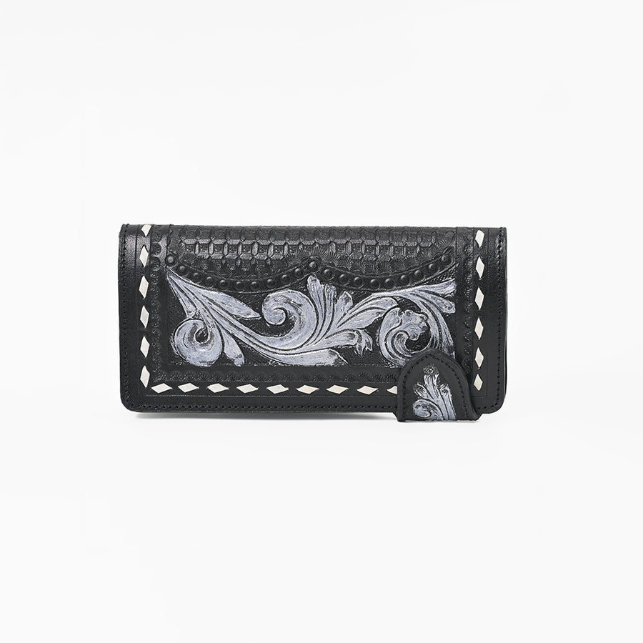 American Darling Women's Genuine Leather Black Floral Tooled Western Checkbook Wallet