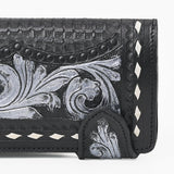 American Darling Women's Genuine Leather Black Floral Tooled Western Checkbook Wallet