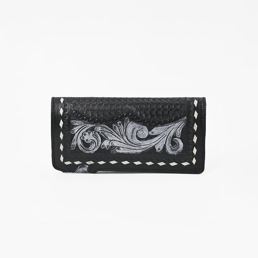 American Darling Women's Genuine Leather Black Floral Tooled Western Checkbook Wallet