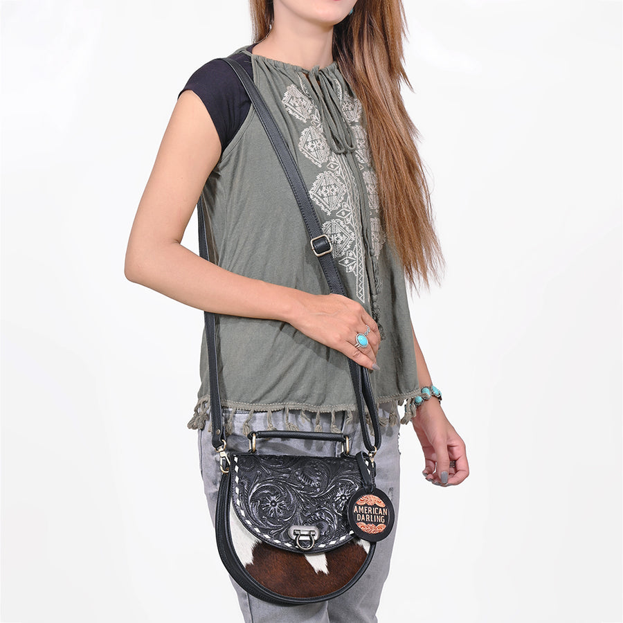 American Darling Women's Genuine Leather Hair-On Cowhide Tooled Leather Mini Crossbody