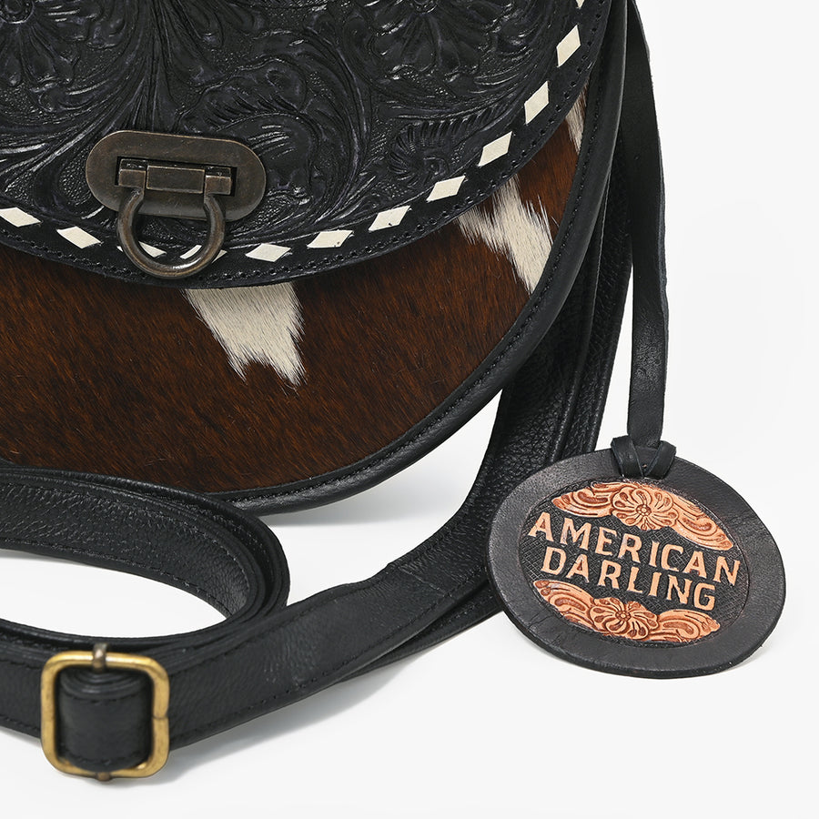 American Darling Women's Genuine Leather Hair-On Cowhide Tooled Leather Mini Crossbody