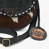 American Darling Women's Genuine Leather Hair-On Cowhide Tooled Leather Mini Crossbody