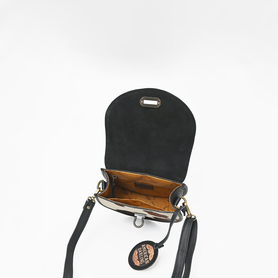 American Darling Women's Genuine Leather Hair-On Cowhide Tooled Leather Mini Crossbody
