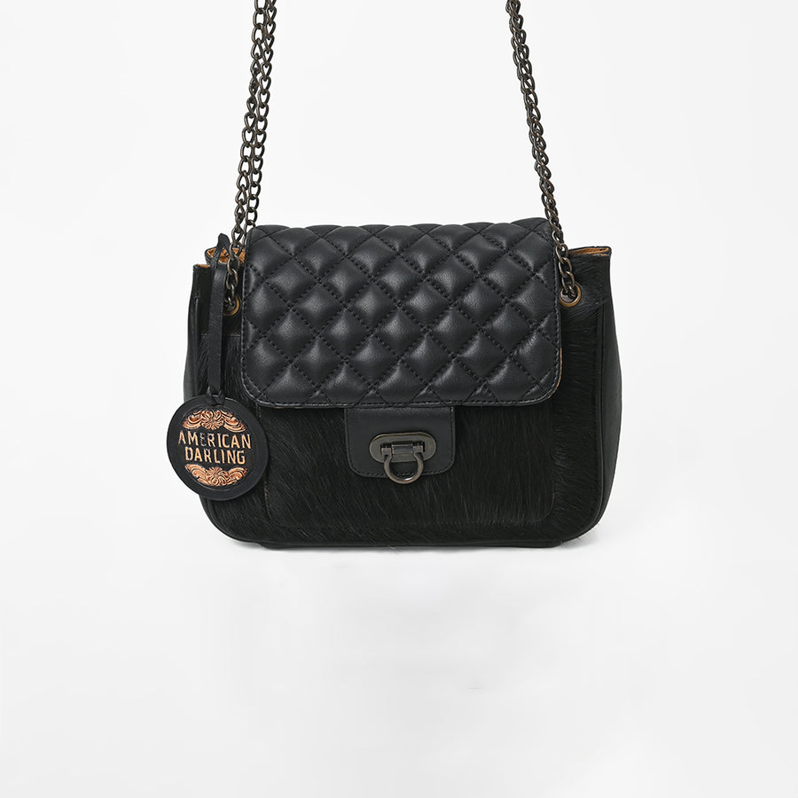 American Darling Women's Premium Black Quilted Leather Hair-On CowhideCrossbody Shoulder Handbag