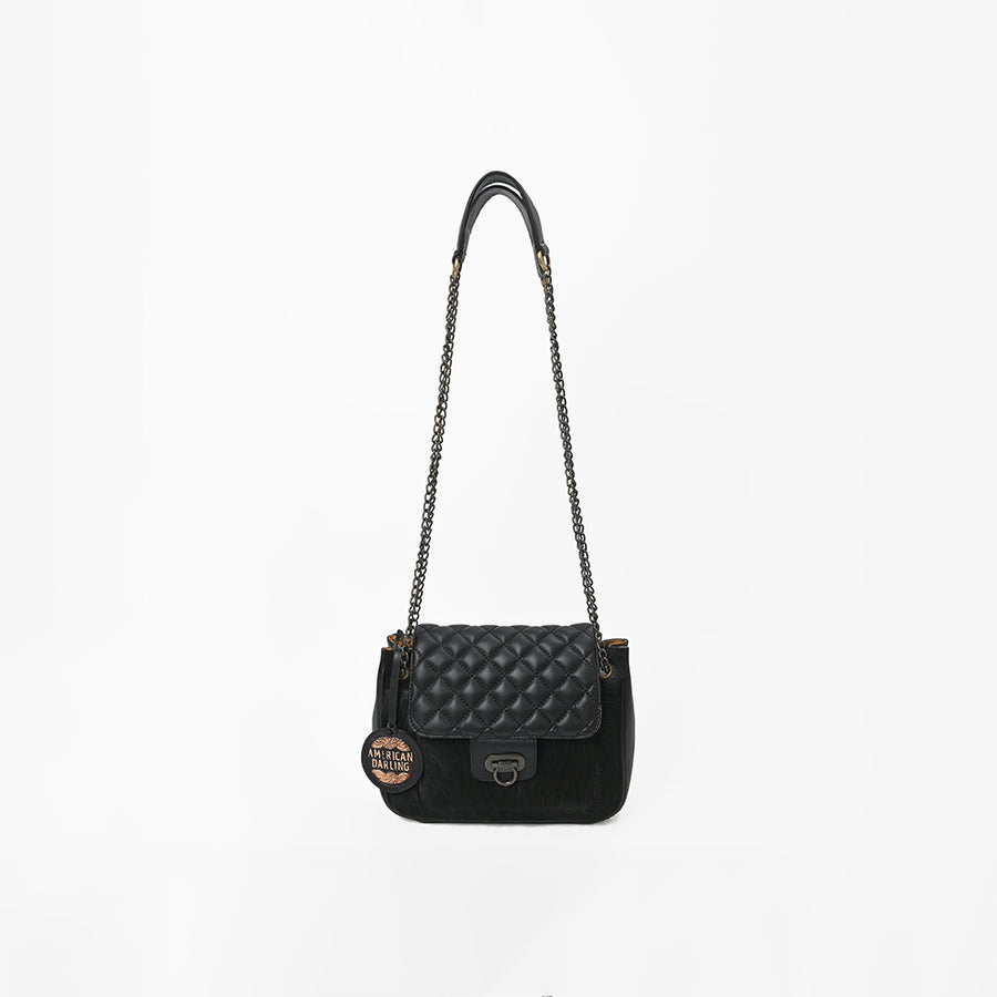 American Darling Women's Premium Black Quilted Leather Hair-On CowhideCrossbody Shoulder Handbag