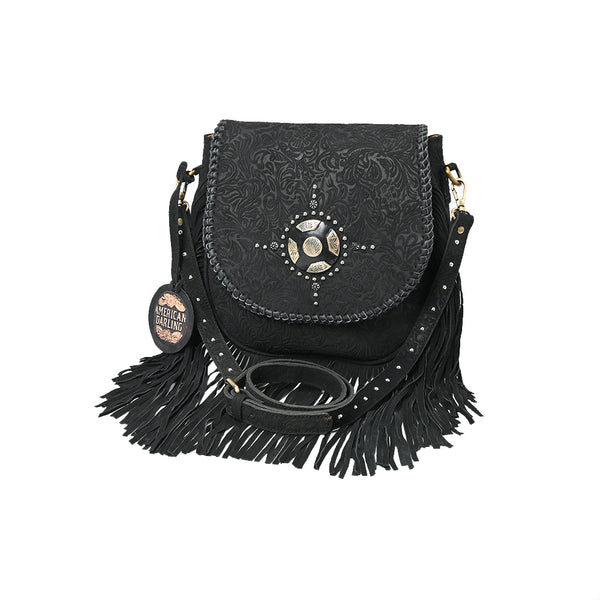 American Darling Western Embossed Leather Fringe Crossbody Bag with Studded Strap and Concho Detail - Uhorse
