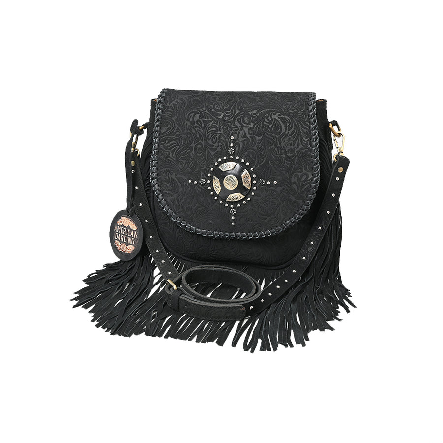 American Darling Western Embossed Leather Fringe Crossbody Bag with Studded Strap and Concho Detail - Uhorse