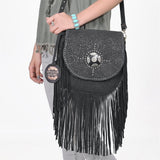 American Darling Western Embossed Leather Fringe Crossbody Bag with Studded Strap & Concho Detail