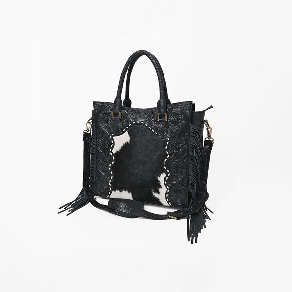 American Darling Western Tooled Leather Hair-On Tote Bag with Fringe - Hilason