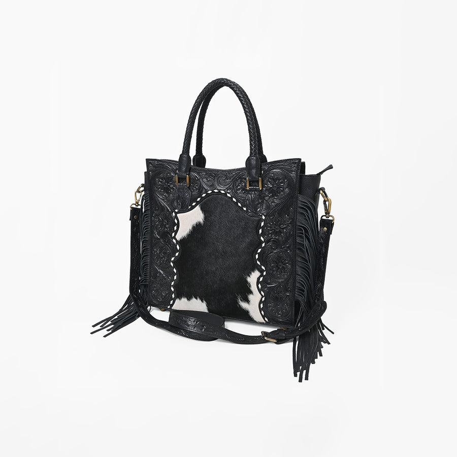 American Darling Western Tooled Leather Hair-On Tote Bag with Fringe - Hilason
