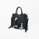 American Darling Western Tooled Leather Hair-On Tote Bag with Fringe - Hilason