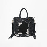 American Darling Premium Western Tooled Leather Hair-On Tote Bag with Fringe