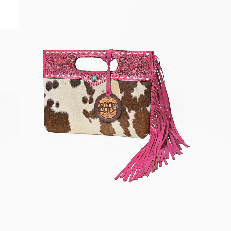 American Darling Western Hair-on Cowhide Clutch Bag – Genuine Leather Hand-Tooled Floral Design