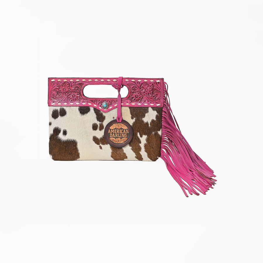 American Darling Western Hair-on Cowhide Clutch Bag – Genuine Leather Hand-Tooled Floral Design
