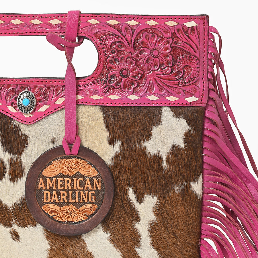 American Darling Western Hair-on Cowhide Clutch Bag – Genuine Leather Hand-Tooled Floral Design