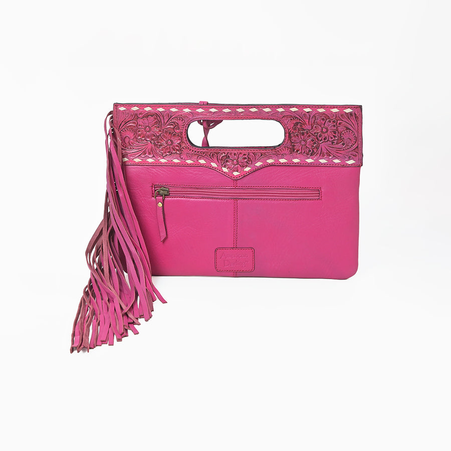 American Darling Western Hair-on Cowhide Clutch Bag – Genuine Leather Hand-Tooled Floral Design