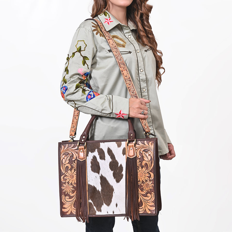 American Darling Briefcase Hand Tooled Hair On Genuine Leather Western Women Bag Handbag | for Cute Laptop