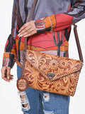 American Darling Envelope Bag Handcrafted from Hand Tooled Floral Carved Genuine Leather with YKK Zipper and Large Capacity