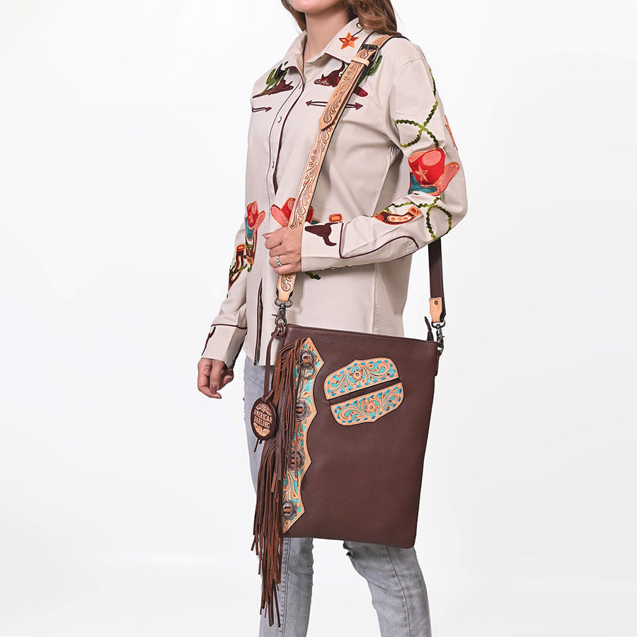 American Darling Chaps Bag Handcrafted from Hand Tooled Floral Leather with Buck stitched Detail, Conchos, and YKK Zipper