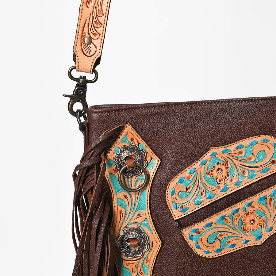 American Darling Chaps Bag Handcrafted from Hand Tooled Floral Leather with Buck stitched Detail, Conchos, and YKK Zipper