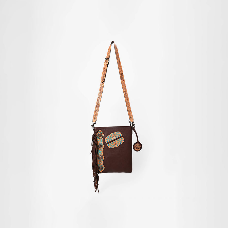 American Darling Chaps Bag Handcrafted from Hand Tooled Floral Leather with Buck stitched Detail, Conchos, and YKK Zipper