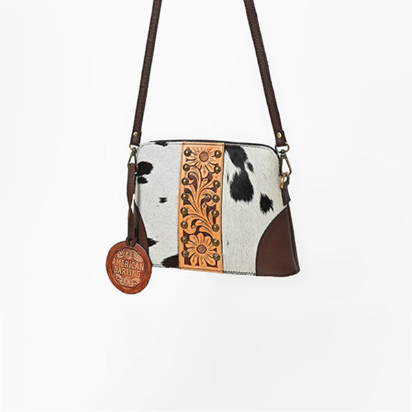 American Darling Hand Tooled Floral Carved and Hair-On Cowhide Western Cross body Bag - Uhorse