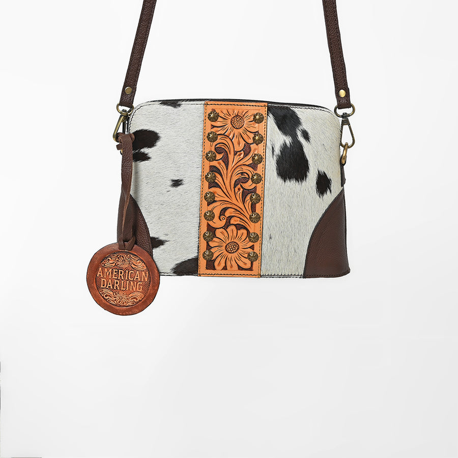American Darling Cross body Bag Hand Tooled Floral Carved Cowhide Genuine Leather Western Purse with Rivets and YKK Zipper
