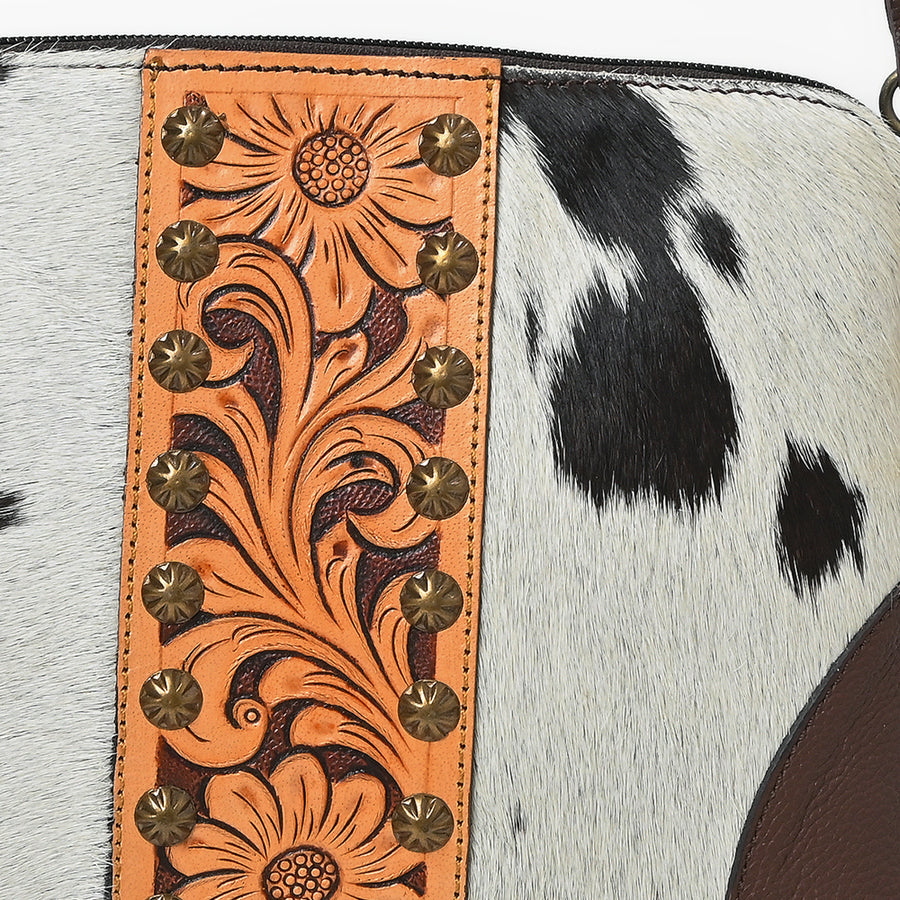 American Darling Cross body Bag Hand Tooled Floral Carved Cowhide Genuine Leather Western Purse with Rivets and YKK Zipper