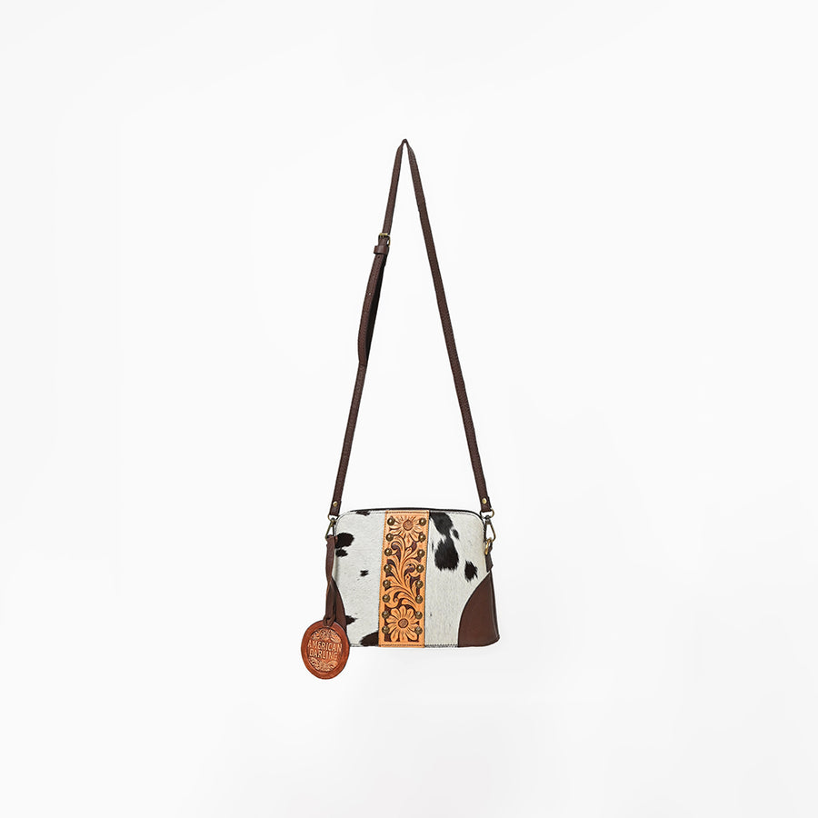American Darling Cross body Bag Hand Tooled Floral Carved Cowhide Genuine Leather Western Purse with Rivets and YKK Zipper