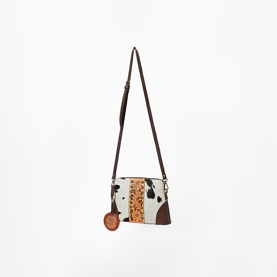 American Darling Cross body Bag Hand Tooled Floral Carved Cowhide Genuine Leather Western Purse with Rivets and YKK Zipper