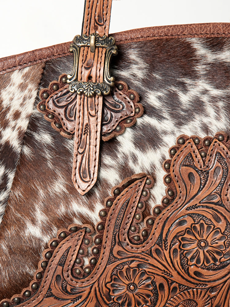 American Darling Tote Bag Western Hand Tooled Floral Genuine Leather Purse with Rivetted Detail and YKK Zipper for Women