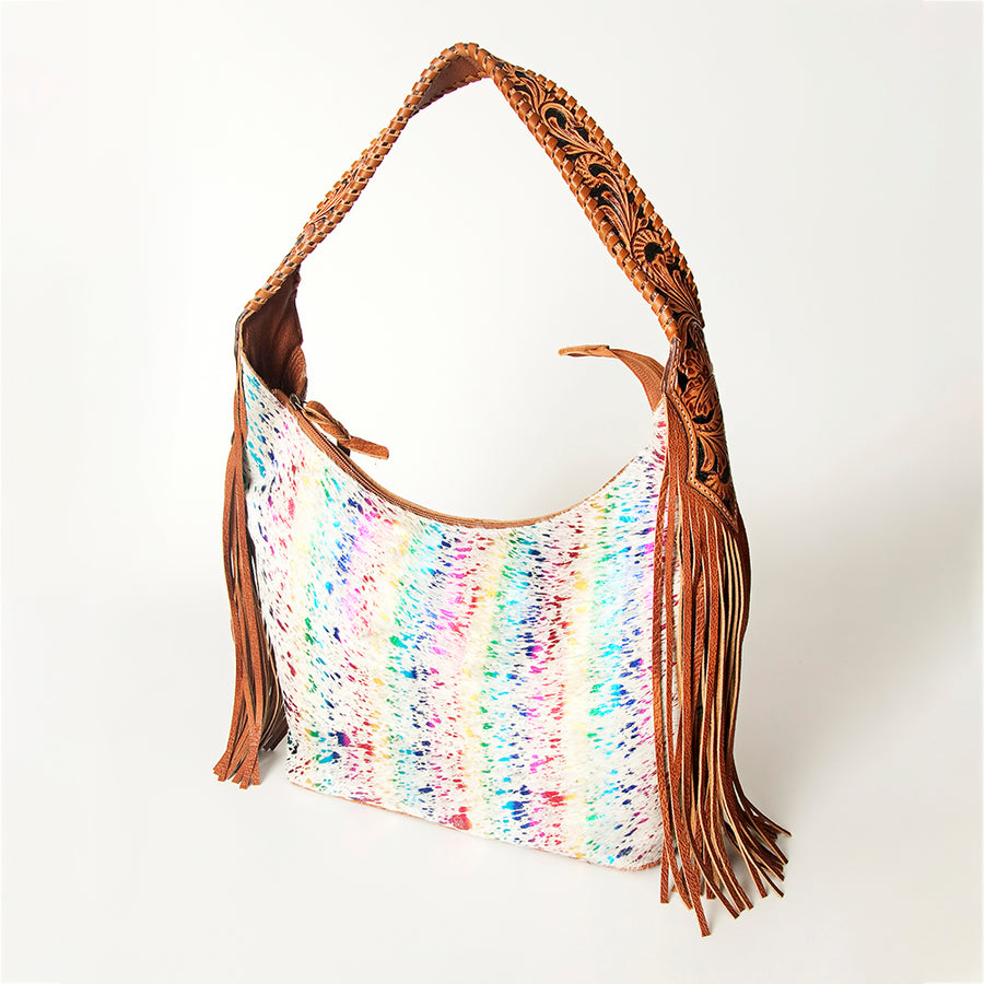 American Darling Hobo Bag for Women, Hand Tooled Floral Leather & Hair-On Cowhide Western Purse with Fringes & YKK Zipper