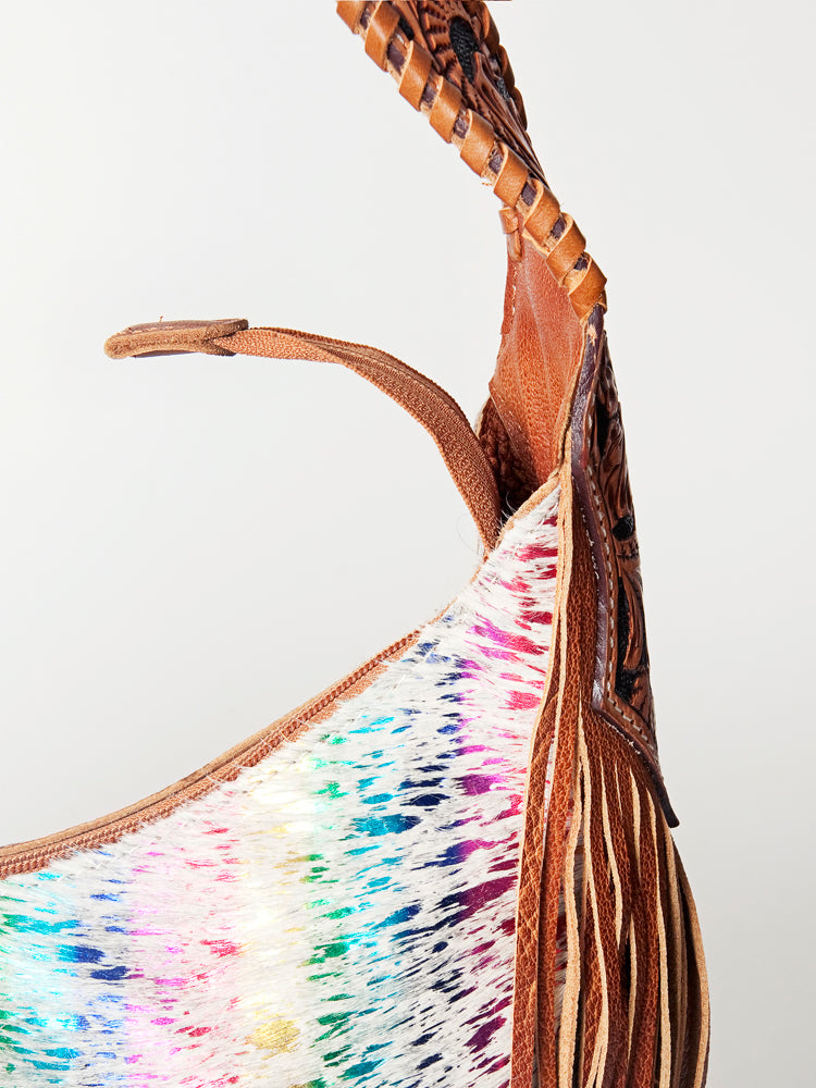 American Darling Hobo Bag for Women, Hand Tooled Floral Leather & Hair-On Cowhide Western Purse with Fringes & YKK Zipper