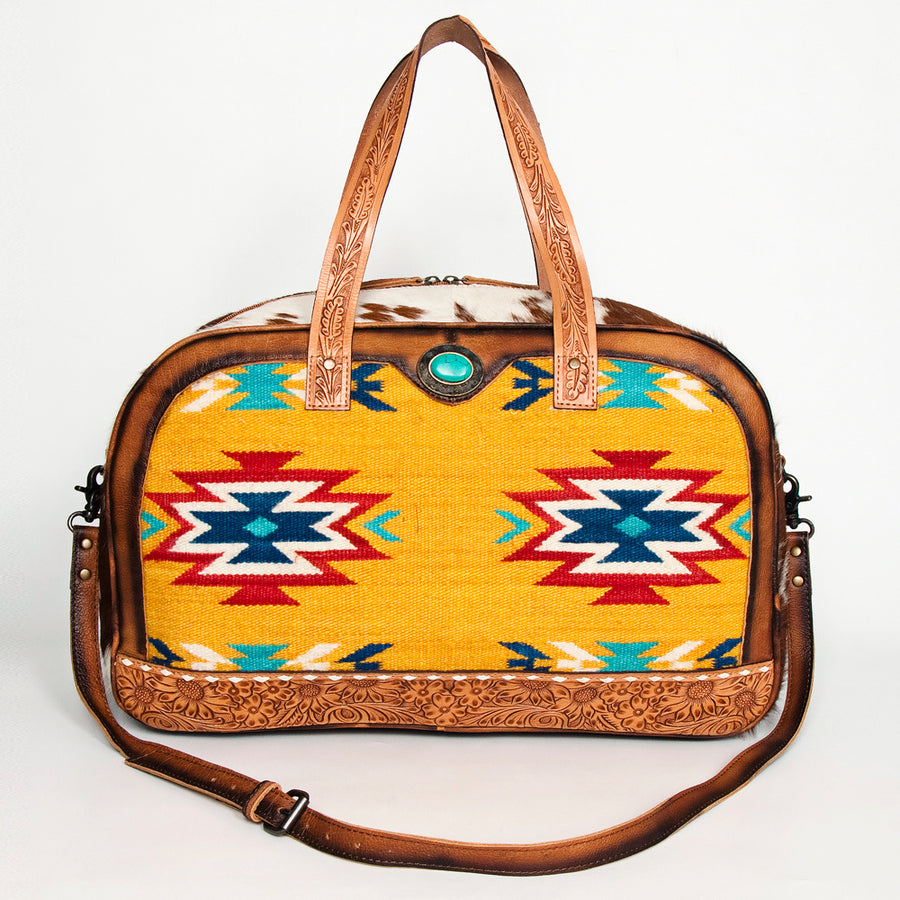 American Darling Duffel Bag, Hand Tooled Floral Leather & Woven Saddle Blanket, Genuine Leather Travel Weekender with Cowhide