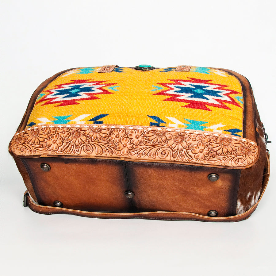 American Darling Duffel Bag, Hand Tooled Floral Leather & Woven Saddle Blanket, Genuine Leather Travel Weekender with Cowhide