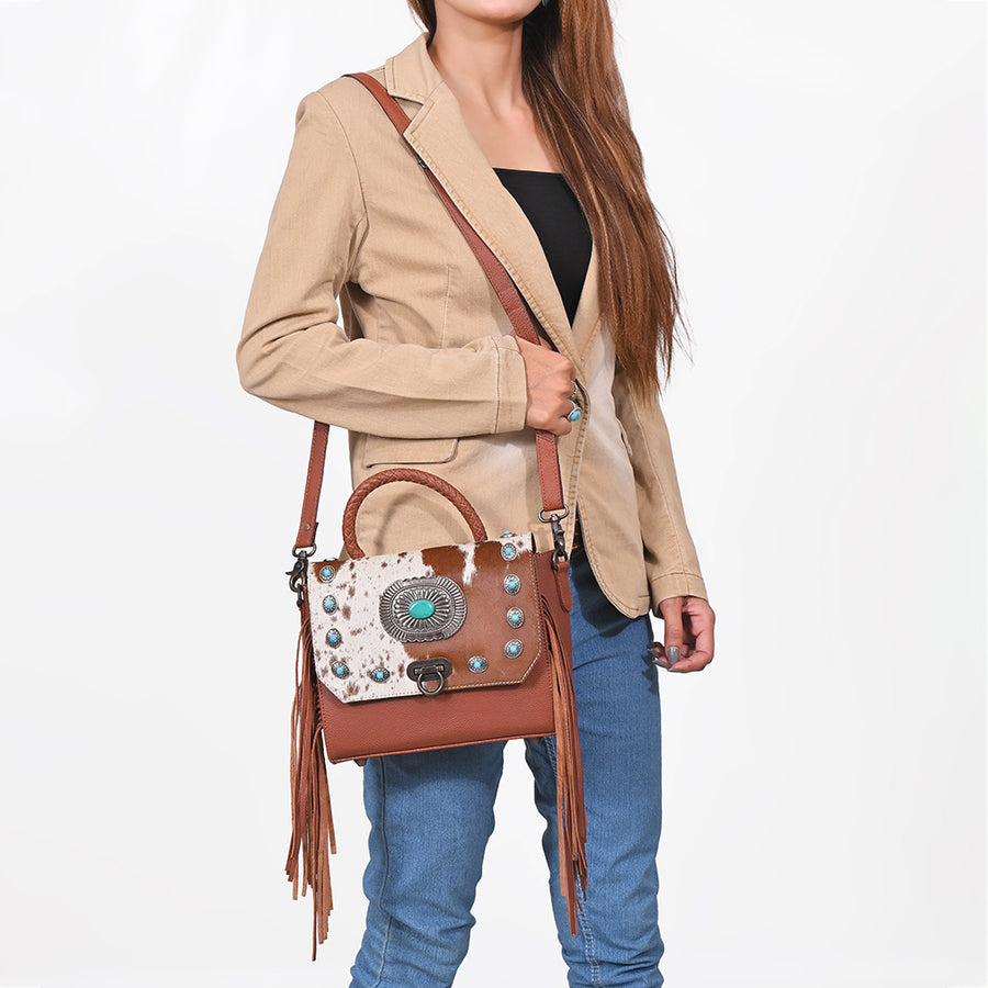 American Darling Western Messenger Bag, Hair-On Cowhide Full Grain Leather with Fringes and Concho, Handcrafted Boho Purse