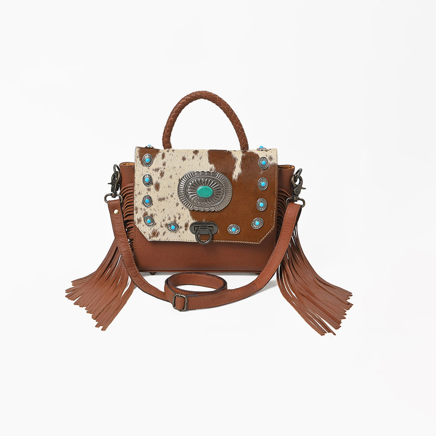 American Darling Western Messenger Bag, Hair-On Cowhide Full Grain Leather with Fringes and Concho, Handcrafted Boho Purse