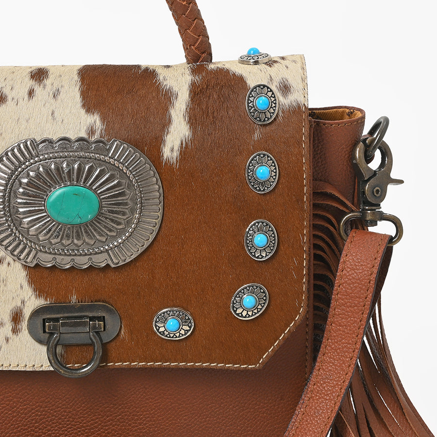 American Darling Western Messenger Bag, Hair-On Cowhide Full Grain Leather with Fringes and Concho, Handcrafted Boho Purse