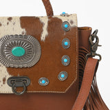 American Darling Western Messenger Bag, Hair-On Cowhide Full Grain Leather with Fringes and Concho, Handcrafted Boho Purse