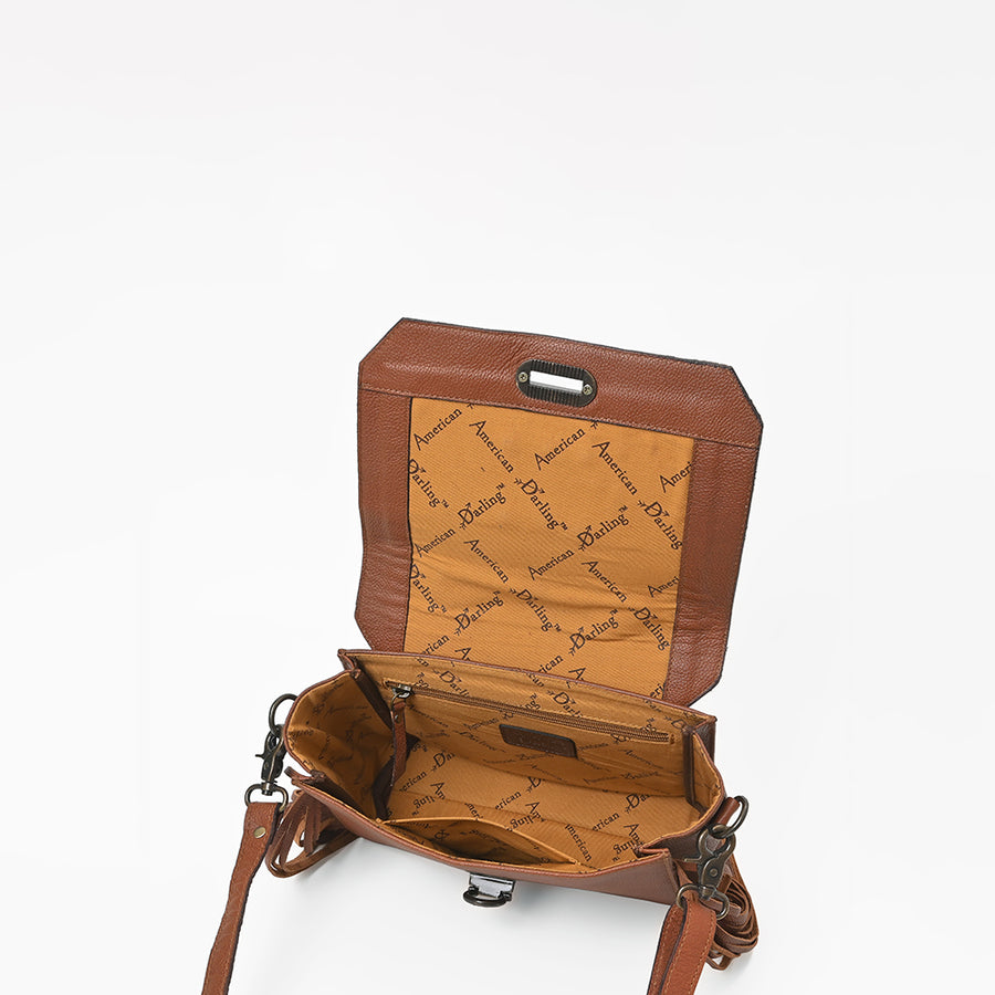 American Darling Western Messenger Bag, Hair-On Cowhide Full Grain Leather with Fringes and Concho, Handcrafted Boho Purse