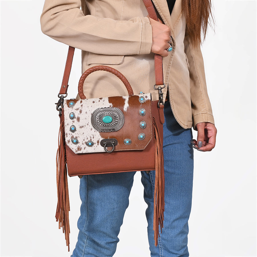 American Darling Western Messenger Bag, Hair-On Cowhide Full Grain Leather with Fringes and Concho, Handcrafted Boho Purse