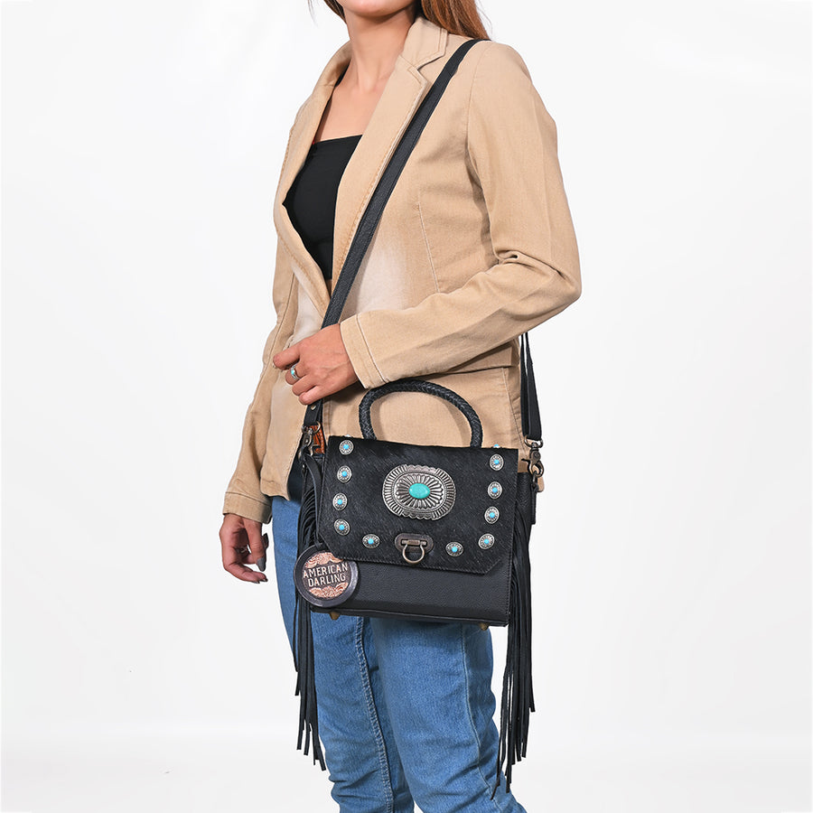 American Darling Western Messenger Bag, Hair-On Cowhide Full Grain Leather with Fringes and Concho, Handcrafted Boho Purse