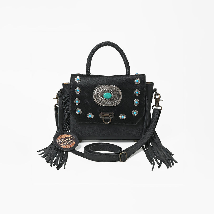 American Darling Western Messenger Bag, Hair-On Cowhide Full Grain Leather with Fringes and Concho, Handcrafted Boho Purse