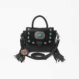 American Darling Western Messenger Bag, Hair-On Cowhide Full Grain Leather with Fringes and Concho, Handcrafted Boho Purse